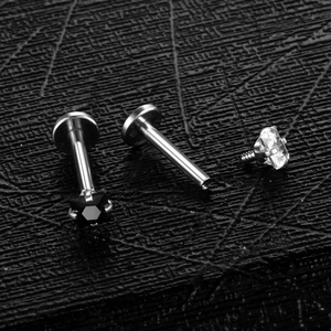 Polished stainless steel square labret studs with black and clear cubic zirconia stones