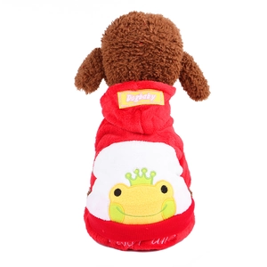 Detail of red coral fleece dog hoodie with cartoon elk embroidery and plush hood texture
