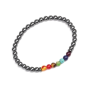 6mm magnetic hematite bracelet featuring vibrant rainbow chakra beads on a white background