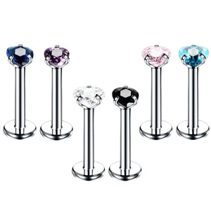 Detailed set of six stainless steel heart-shaped zircon labret studs in diverse colors
