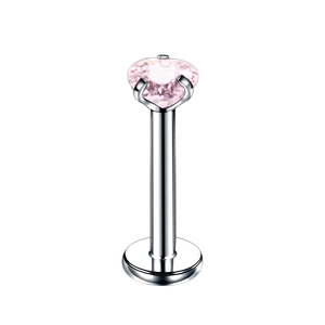 Close-up of heart-shaped pink zircon labret stud in polished silver stainless steel