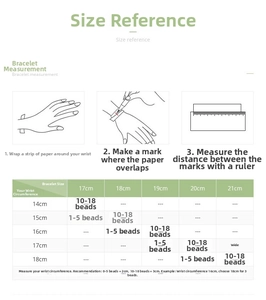 Size guide for S925 silver charm bracelet showing wrist measurement and bead count ratios