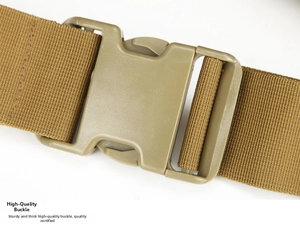 Detail of durable coyote tan tactical buckle and high-density nylon strap for waist pack