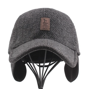 Men's winter wool baseball cap with ear flaps and thick fleece lining in dark grey