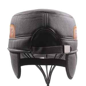 Winter faux leather military cap for elderly men with warm earflaps and fleece lining