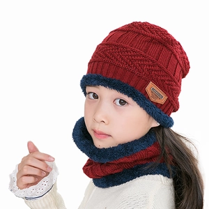 Winter knit hat and neck warmer set for children in burgundy with navy fleece lining
