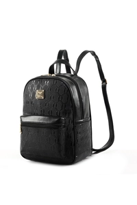 Detail of black faux leather backpack featuring diamond quilted texture and gold logo plate