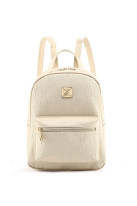 Detail of beige embossed leather backpack featuring gold logo plate and chain pattern texture