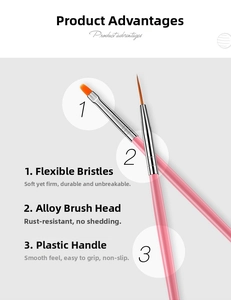 Detail view of pink nail art brushes with flexible fibers and anti-rust alloy tubes