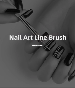 Detail showing nail art lining brush creating white grid patterns on black nails