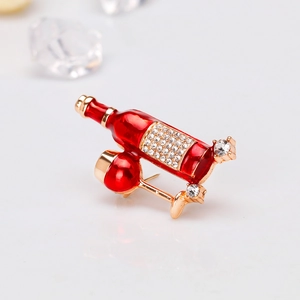 Fashionable alloy wine bottle brooch with red enamel and sparkling rhinestones