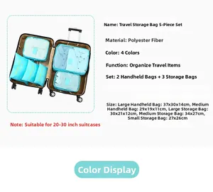 Size chart for 5-piece travel storage bag set in blue showing dimensions and fabric details