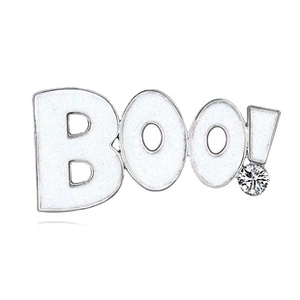 Detailed view of silver Boo! brooch with white enamel inlay and sparkling rhinestone dot