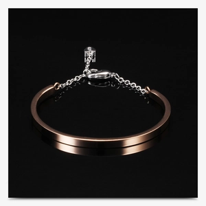 Detail of rose gold U-shaped bangle with silver chain, lobster clasp and heart pendant