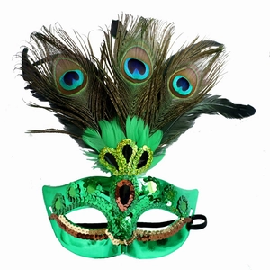 Masque de mascarade vert avec paillettes et plumes de paon pour la fête