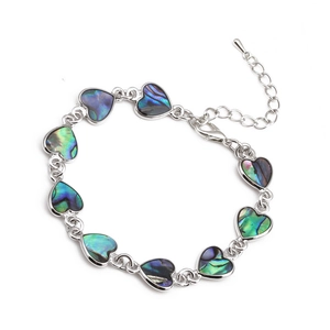 Rainbow abalone shell heart link bracelet in silver metal with adjustable chain link