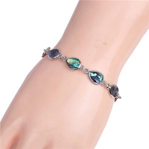 Colorful abalone shell bracelet with heart and teardrop charms on a silver metal chain