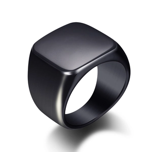 Matte black square signet ring in brushed stainless steel with minimalist finish
