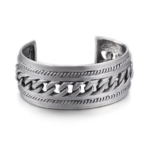 Men's retro punk chain link cuff bracelet in wide silver stainless steel