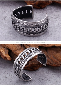 Close-up of retro silver stainless steel cuff with bold Cuban chain and rope textures
