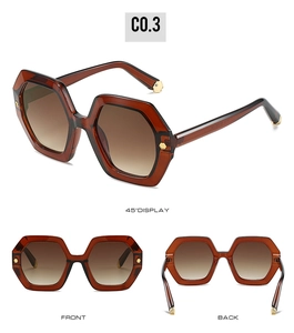 Three-view display of C03 hexagonal sunglasses with brown gradient lenses and gold rivets