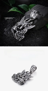 Detailed view of Gothic eagle and skull pendant in antique finished stainless steel