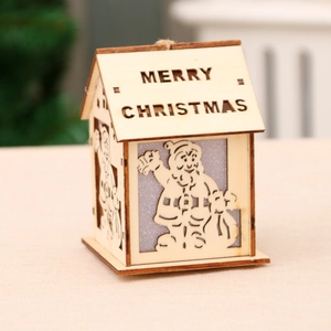 Wooden Christmas snow house ornament with Merry Christmas carving and glitter Santa Claus