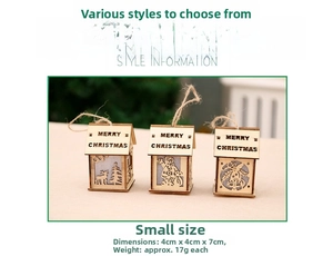 Close-up of small wooden Christmas house ornaments showing deer and bell carvings