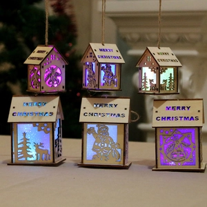 Christmas Wooden House Hanging Ornament LED Light Up Hollow Laser Cut Santa Reindeer Bell With Hemp Rope Tree Decor
