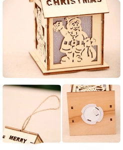 Detail of wooden Merry Christmas LED ornament showing hanging rope and bottom switch