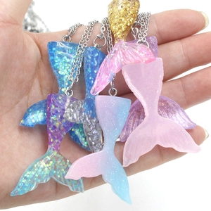 Colorful resin mermaid tail pendants on stainless steel chains with glitter gradient finish