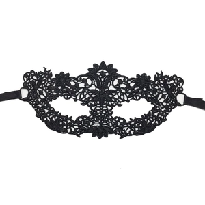 Close-up of black lace masquerade mask with intricate floral embroidery details