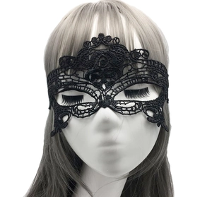 Detailed view of intricate black lace masquerade mask on model for party wear