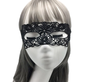 Close-up of intricate hollow lace patterns on a black masquerade eye mask for women