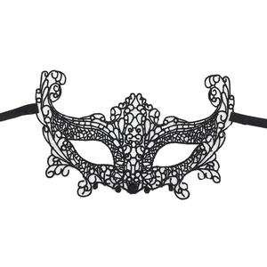 Elegant black lace masquerade mask with intricate patterns and ribbons for Halloween