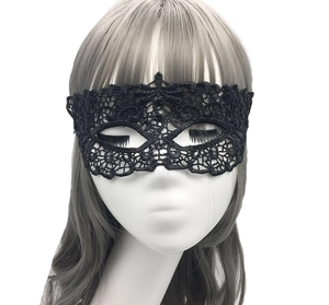Intricate black lace masquerade mask detail on a model head for party events