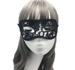 Close-up of black lace masquerade mask with intricate hollow patterns on a white background