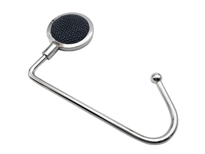 Close-up of foldable silver desk hook with a black textured insert on a white background