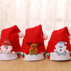 Detailed trio of felt Christmas hats featuring Santa, Reindeer and Snowman patterns