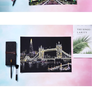 Detail view of London Tower Bridge scratch art with colorful lines and tool set