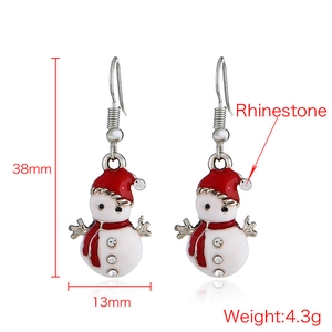 Cute Christmas snowman drop earrings with red enamel and sparkling rhinestones