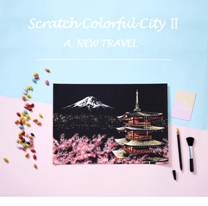 Detail of Mt Fuji scratch art kit including scratch pen and cleaning brush tool set