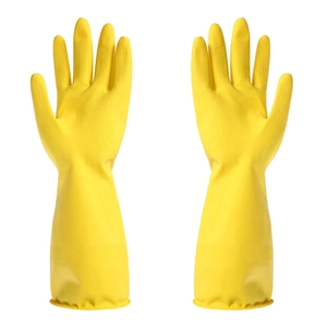 Yellow latex cleaning gloves with non-slip texture for household dishwashing and housework