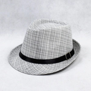 Classic grey plaid fedora hat with black ribbon and metal buckle on white surface