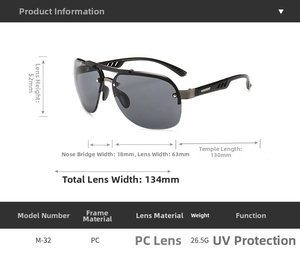Detailed size specifications and material info for M-32 aviator sports sunglasses