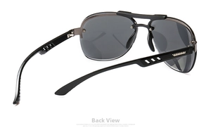 Rear view of aviator sunglasses featuring a metal double bridge and hollowed-out temples