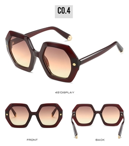Three-view display of hexagon sunglasses with wine red frames and gradient orange lenses