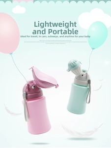 Portable leak-proof kids potty bottle in pink and mint green for travel and car use