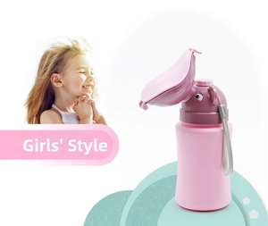 Portable pink kids potty with cute elephant design and convenient gray hanging strap