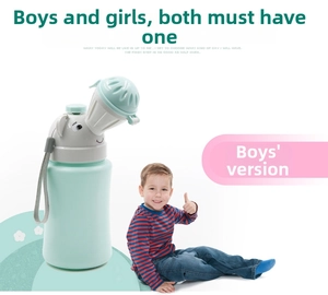 Portable mint green boy's urinal with elephant lid and grey carrying strap